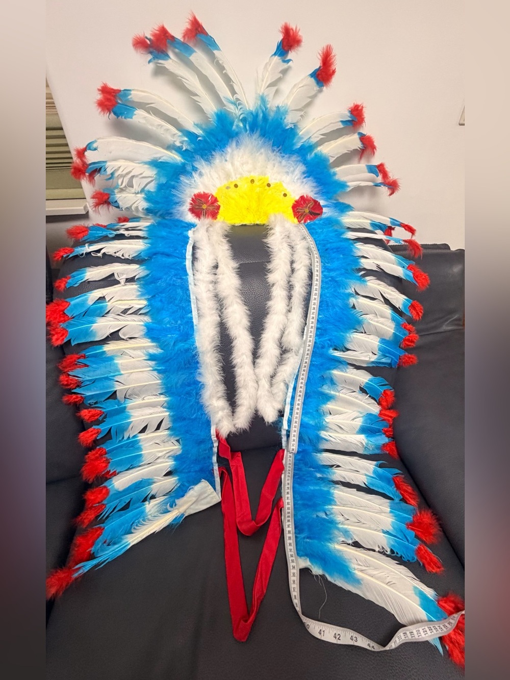 Large blue, white & red feather war bonnet style headdress costume/stage